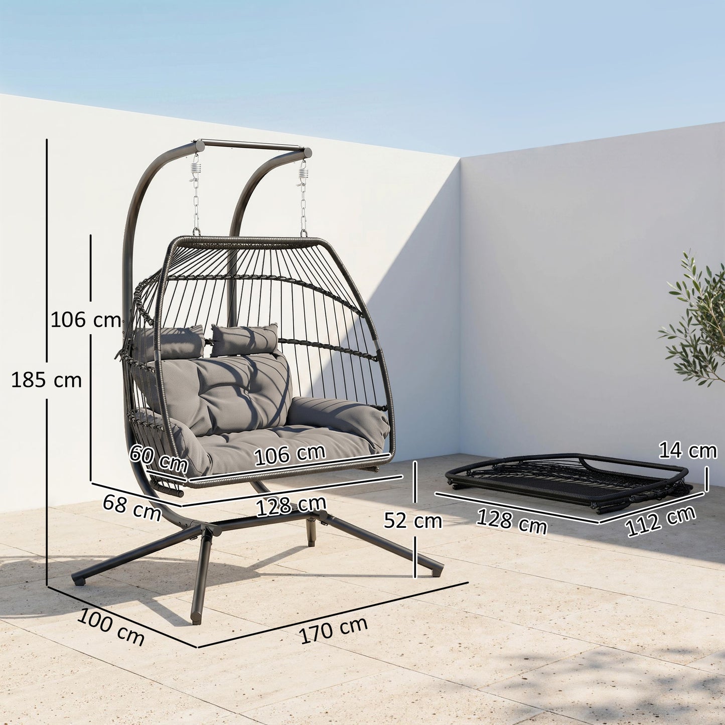 Outsunny Rattan Double Hanging Egg Chair with Stand, Foldable Wicker Swing Egg Chair with Cushion, Head Pillows, Steel Frame, Hammock Chair for Indoor Outdoor, Capacity 260 kg, Dark Grey