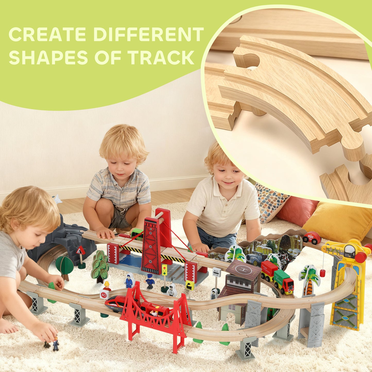 AIYAPLAY 100 Piece Wooden Train Set for Kids 3+ Years with Track, Crane, Battery Operated Train
