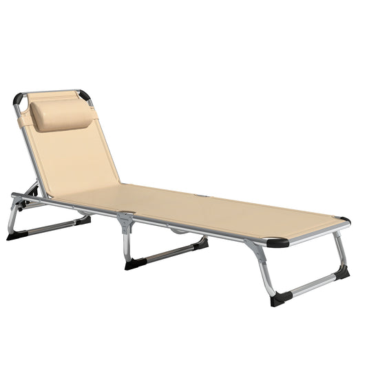 Photo of Outsunny Foldable Outdoor Sun Lounger, Reclining Lounge Chair Camping Bed Cot with Pillow 4-Level Adjustable Back Aluminium Frame, Khaki in Khaki colour on a white background