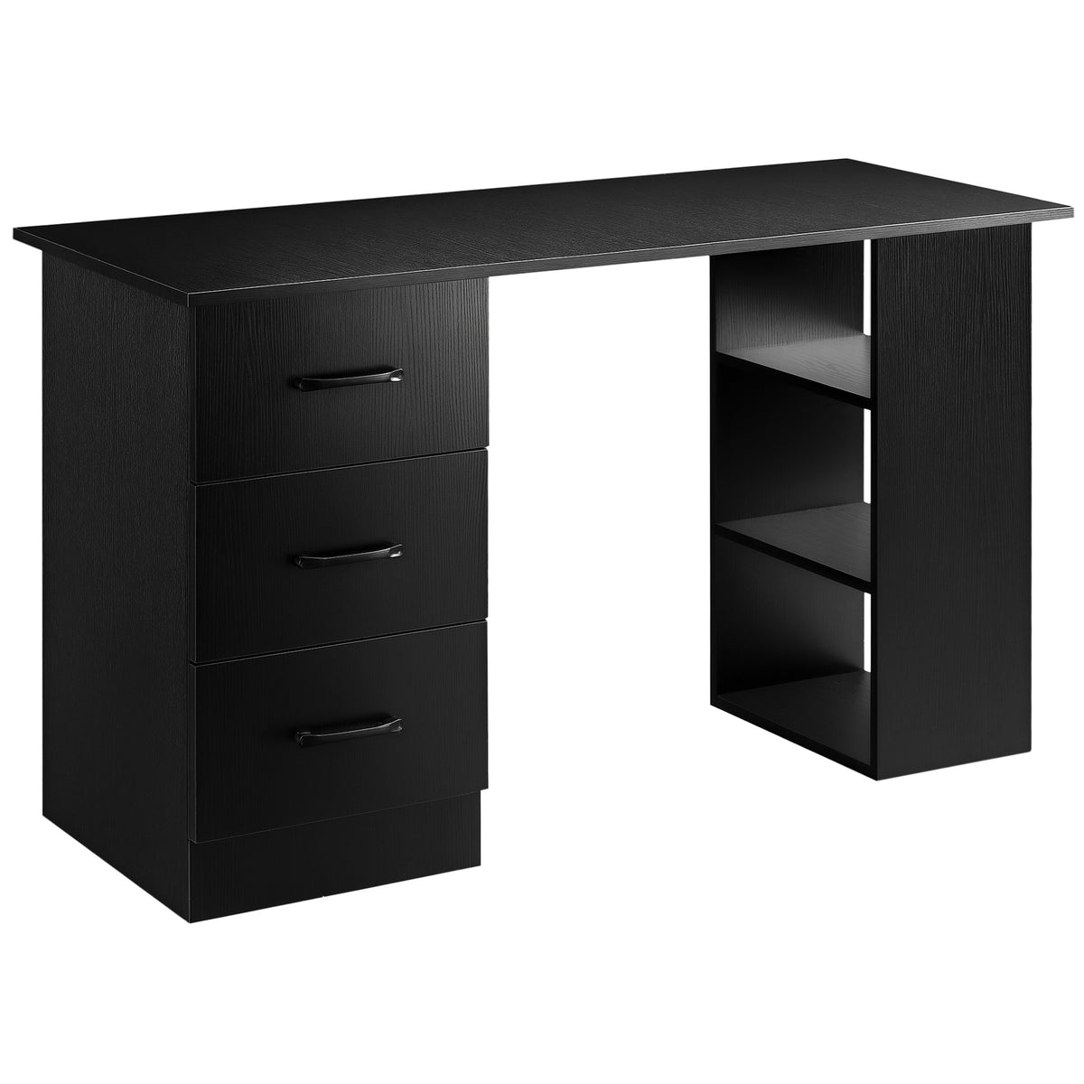 Black writing desk with three drawers on one side and three open shelves on the other.