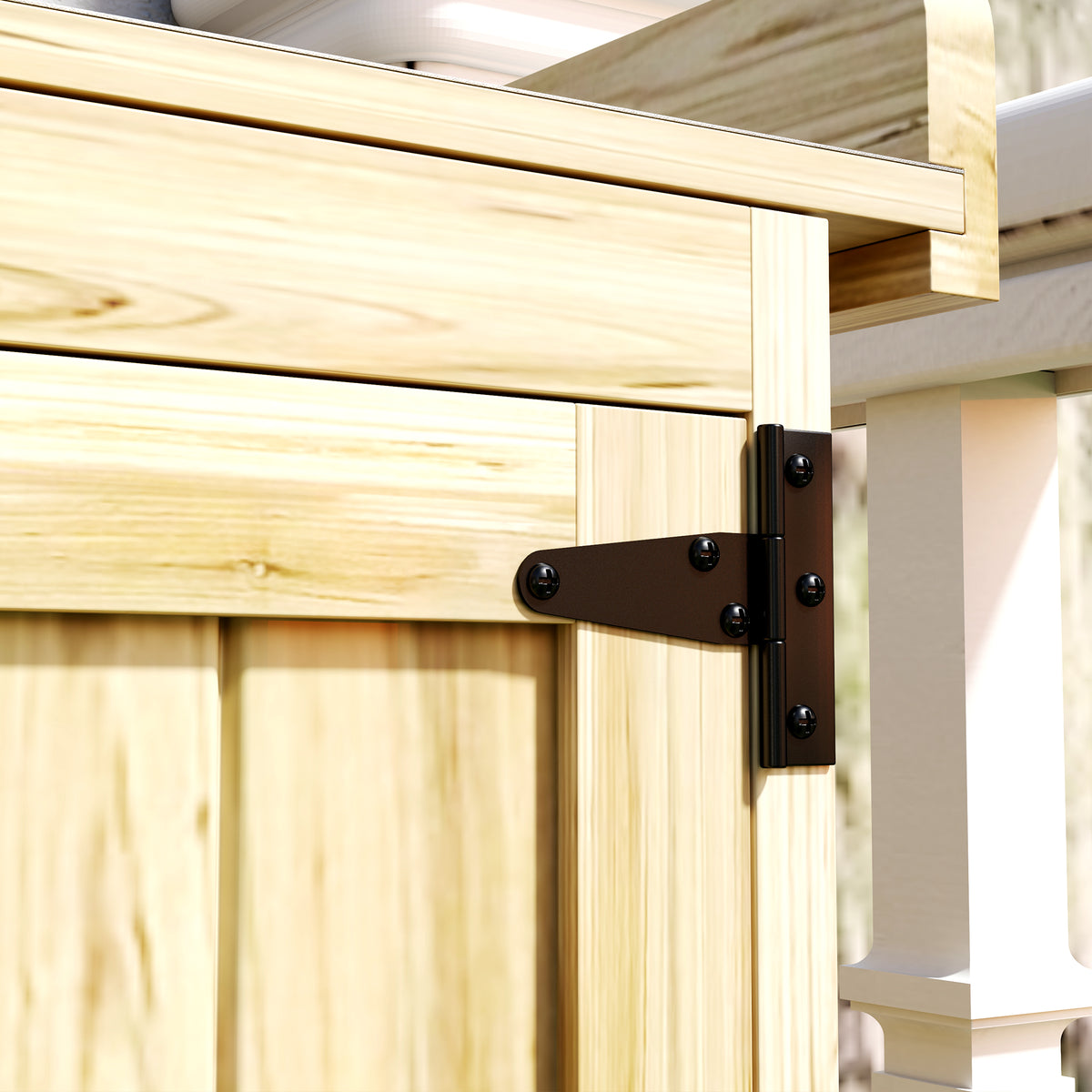 Close-up of the shed's black metal hinge attached to its fir wood door