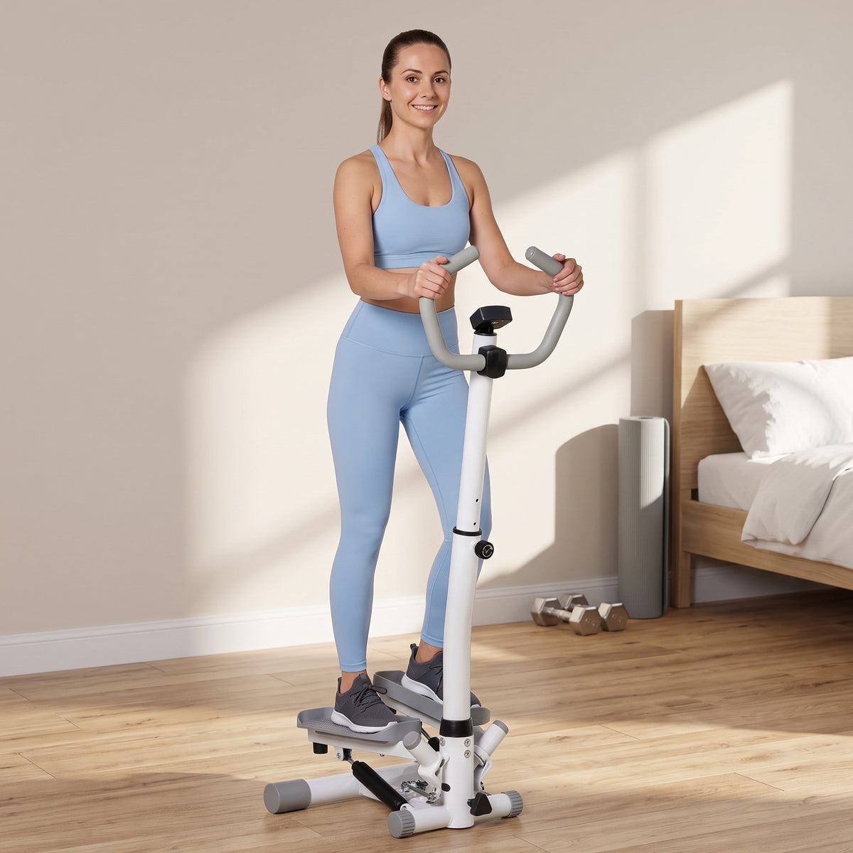 HOMCOM white and gray twist stepper with adjustable handlebars, shown in use
