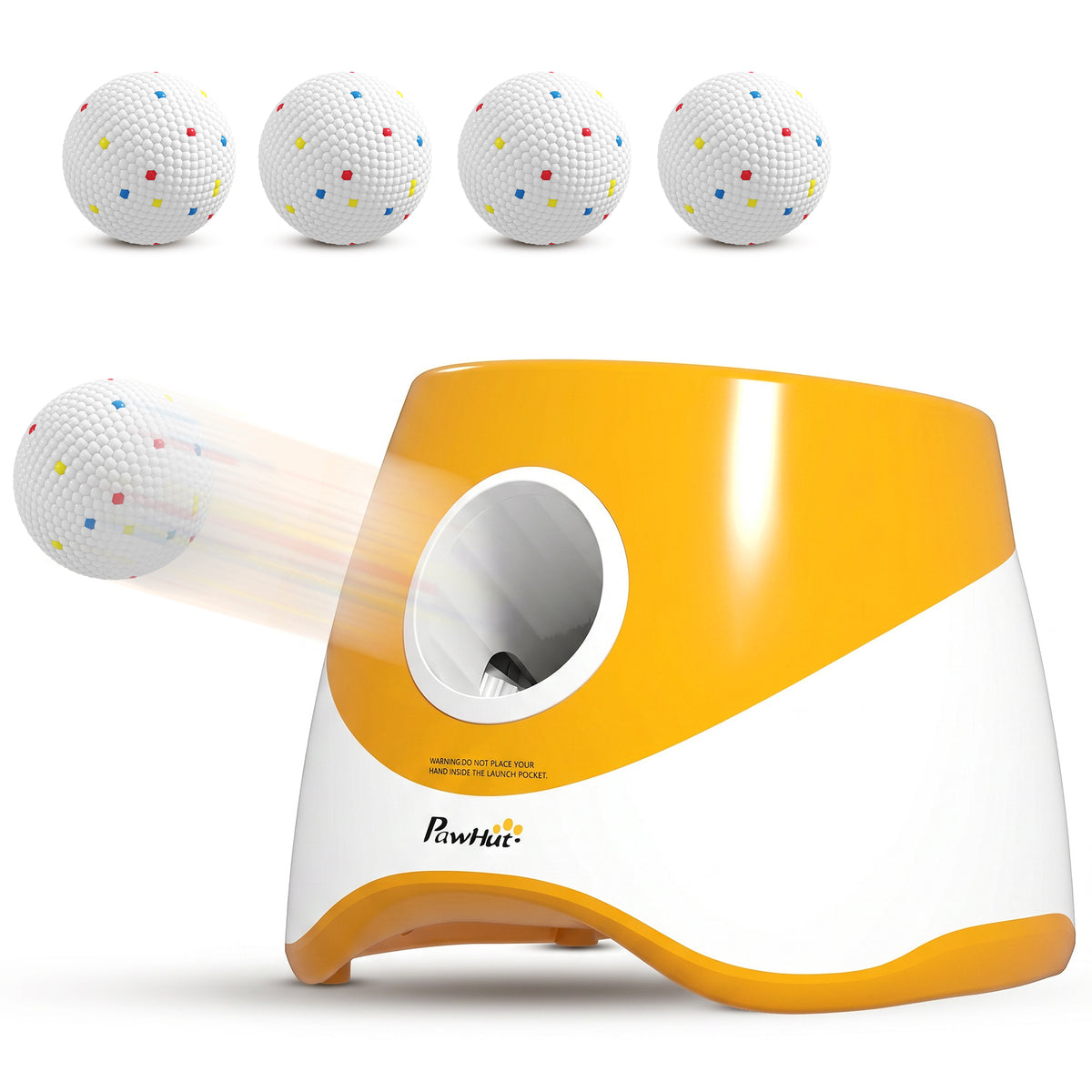 Photo of PawHut Automatic Dog Ball Launcher with 5 ETPU Balls 5.8 cm, 3 Distance Settings 6/10/14 m, Orange in Orange colour on a white background