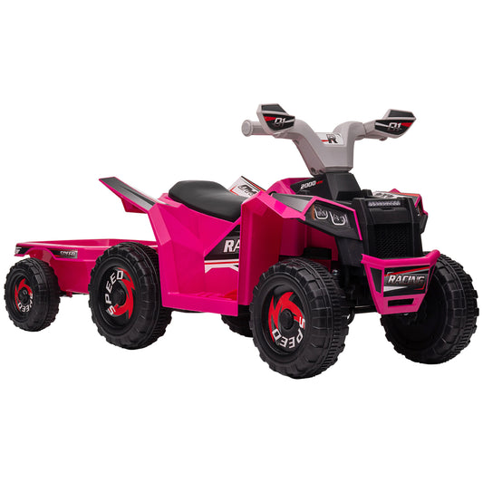 Photo of HOMCOM 6V Quad Bike with Back Trailer, Wear-Resistant Wheels, for Ages 18-36 Months, Pink in Pink colour on a white background