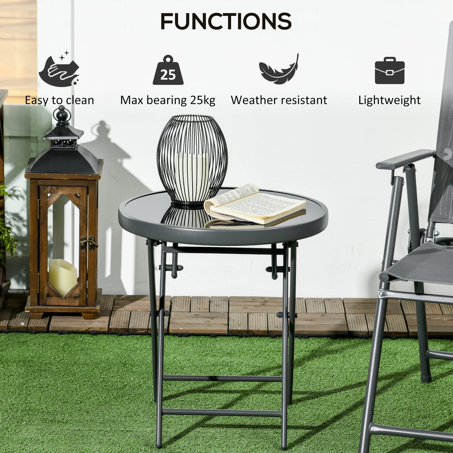 Outsunny Φ45cm Garden Side Table, Outdoor Round Folding Patio Table with Imitation Marble Glass Top, Small Coffee Table, Black