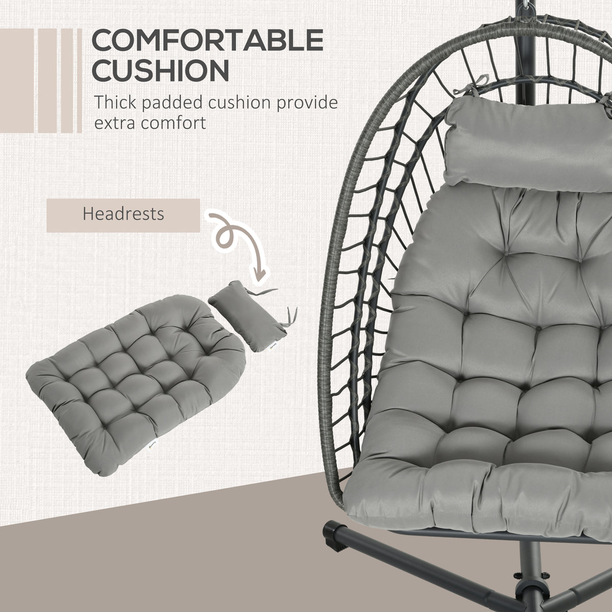 Outsunny egg chair close-up with thick tufted gray cushion and separate headrest