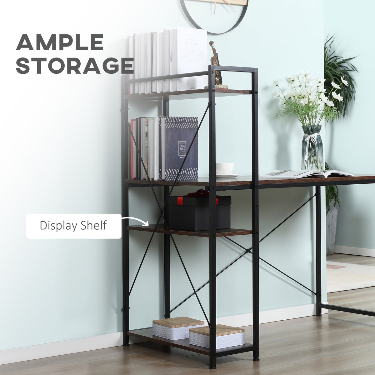 Computer desk with multiple display shelves and a black steel frame