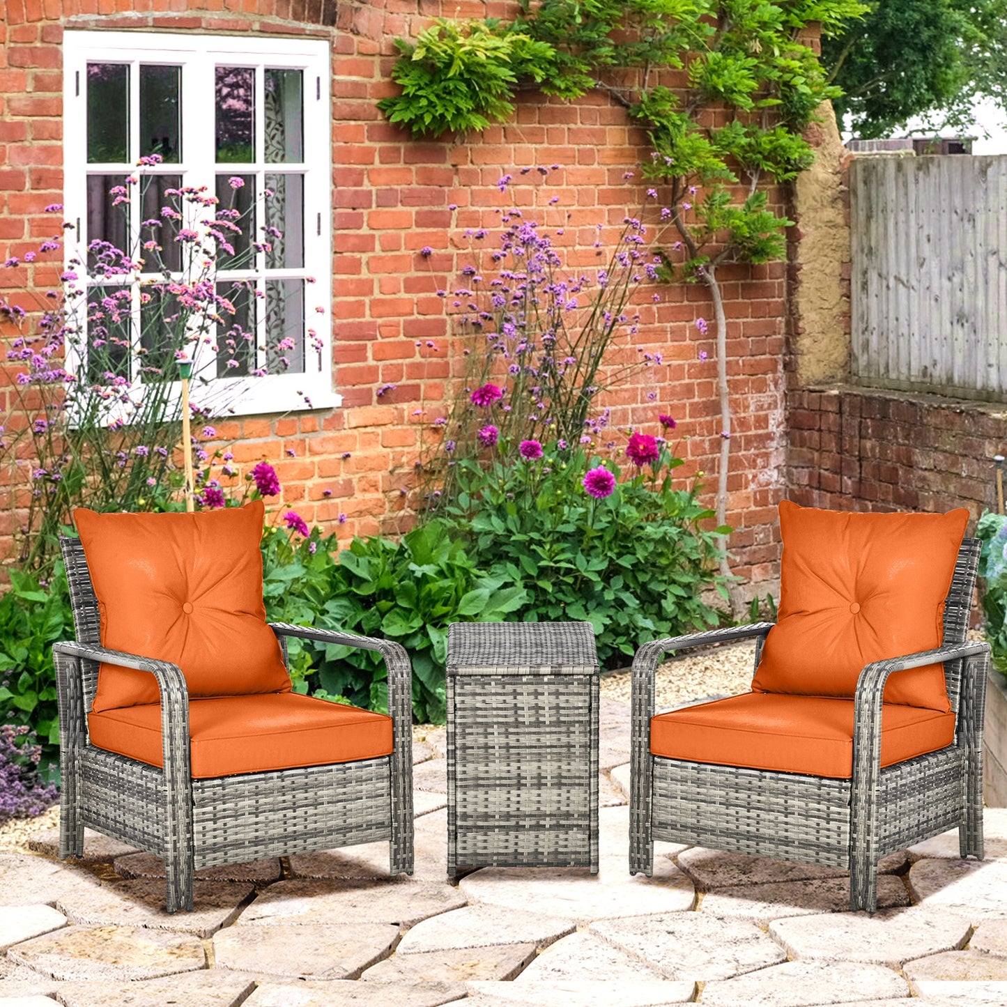 Outsunny 3 Pieces Rattan Bistro Set, Wicker Garden Furniture Set with 72 L Storage Coffee Table and Chairs, Orange