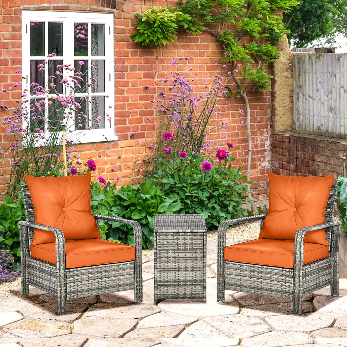 Outsunny 3 Pieces Rattan Bistro Set, Wicker Garden Furniture Set with 72 L Storage Coffee Table and Chairs, Orange