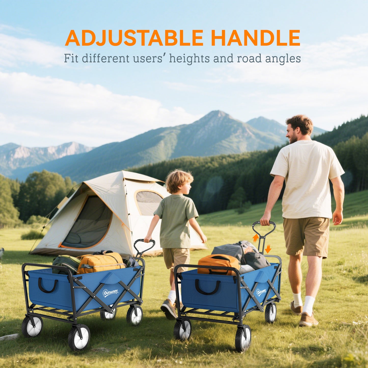 Outsunny 135L Festival Trolley on Wheels, Folding Wagon Camping Trolley Cart with Adjustable Handle, Dual Brakes, Portable Wagon Cart for Outdoor, Garden, Shopping, Fishing, Navy Blue