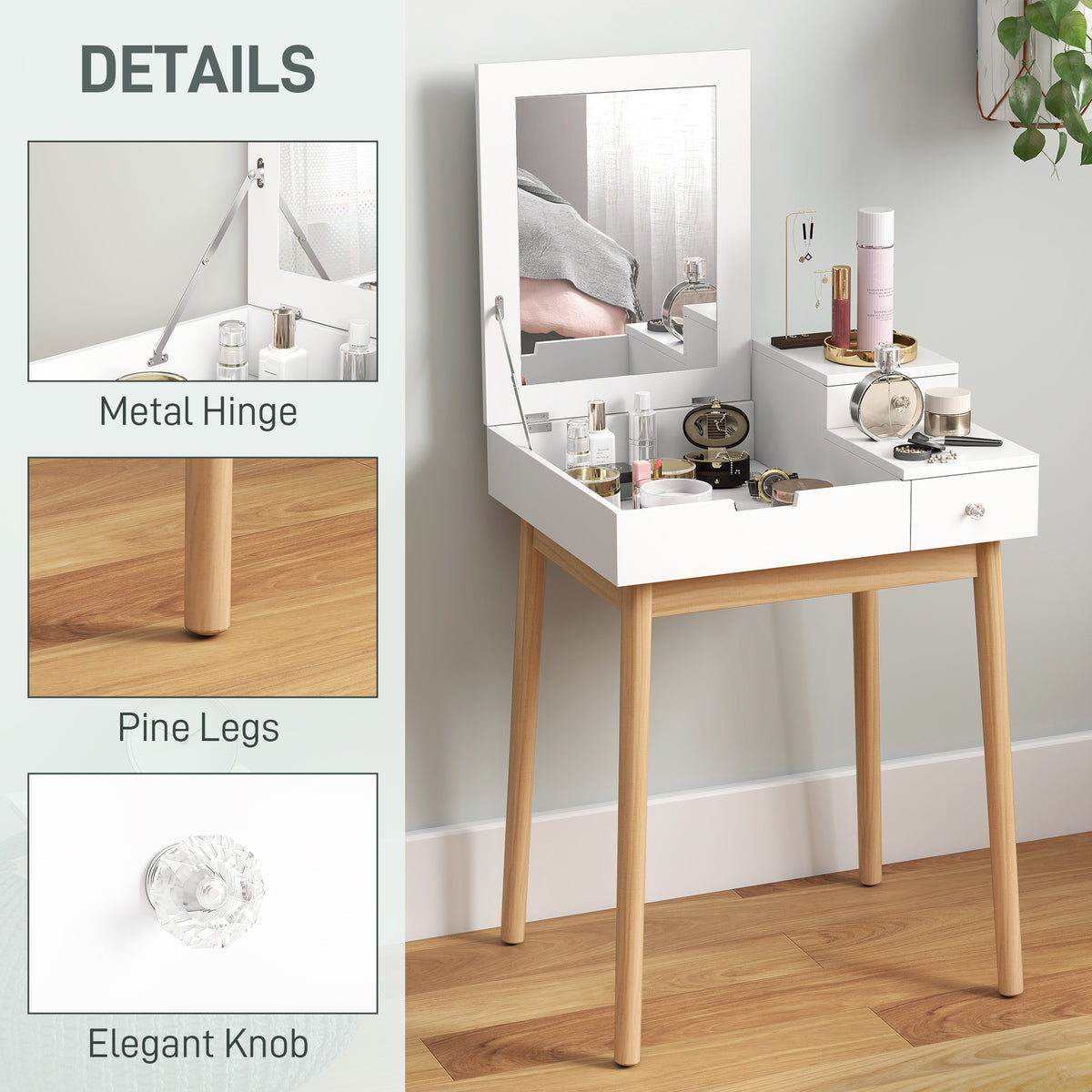 Vanity table with flip-up mirror, metal hinge, pine legs, and decorative knob