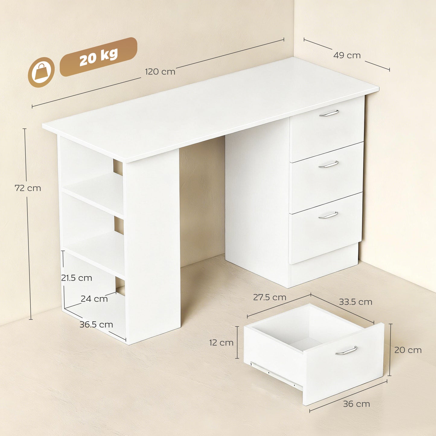 HOMCOM Computer Desk with Drawers, Home Office Desk, Writing Table, PC Workstation with 3 Storage Shelves for Working, Study, 120 x 49 x 72 cm, White