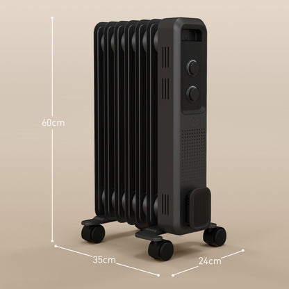 HOMCOM oil-filled radiator with caster wheels, shown with 60 cm height and 35 by 24 cm footprint