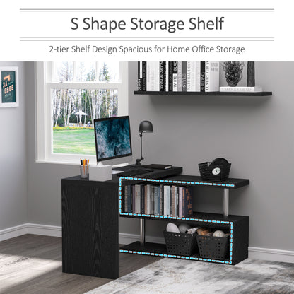 Black L-shaped desk with two-tier storage shelves holding books and baskets.