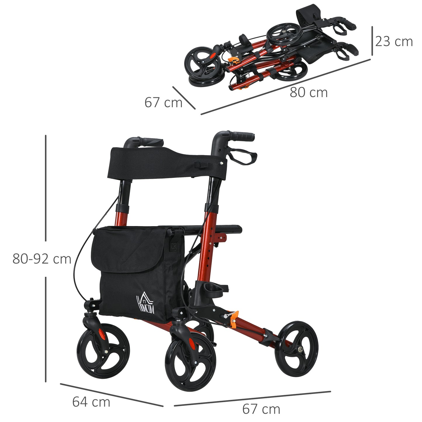 HOMCOM Rollator Walker with Seat, Compact Quick Folding Mobility Walker with 8" Wheels, Carry Bag, Adjustable Height, Cane Holder and Lightweight Aluminium Frame for Seniors and Disabled, Red