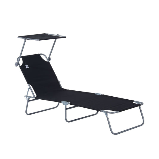 Photo of Outsunny Outdoor Foldable Sun Lounger, 4 Level Adjustable Backrest Reclining Sun Lounger Chair with Angle Adjust Sun Shade Awning for Beach, Garden, Patio, Black in Black colour on a white background