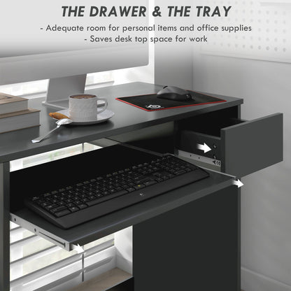 Grey desk with its drawer and pull-out keyboard tray extended.