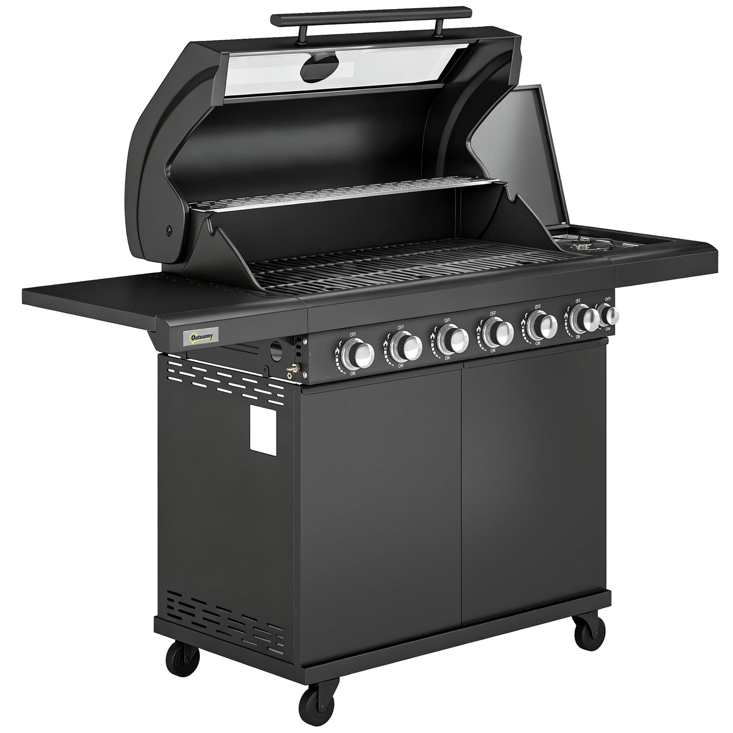Photo of Outsunny 6+1 Burner Gas BBQ Grill, Outdoor Barbecue Trolley with Wheels, Warming Rack, Thermometer, Bottle Opener, Black in Black colour on a white background