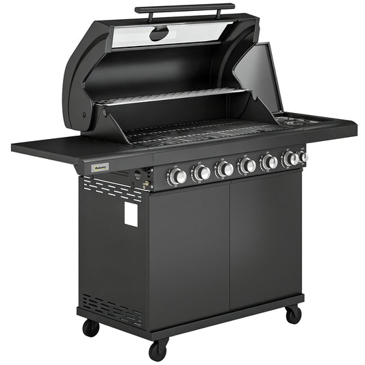 Photo of Outsunny 6+1 Burner Gas BBQ Grill, Outdoor Barbecue Trolley with Wheels, Warming Rack, Thermometer, Bottle Opener, Black in Black colour on a white background