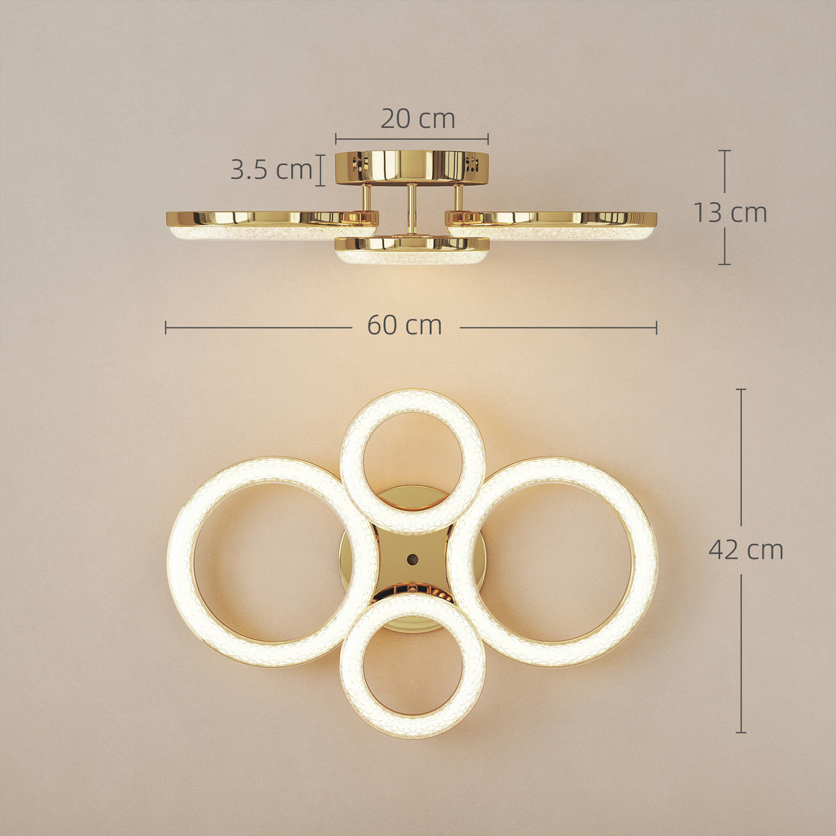 HOMCOM 4-Ring LED Ceiling Light, Flush Mount Ceiling Light with 3 Colour Temperatures, Gold Tone