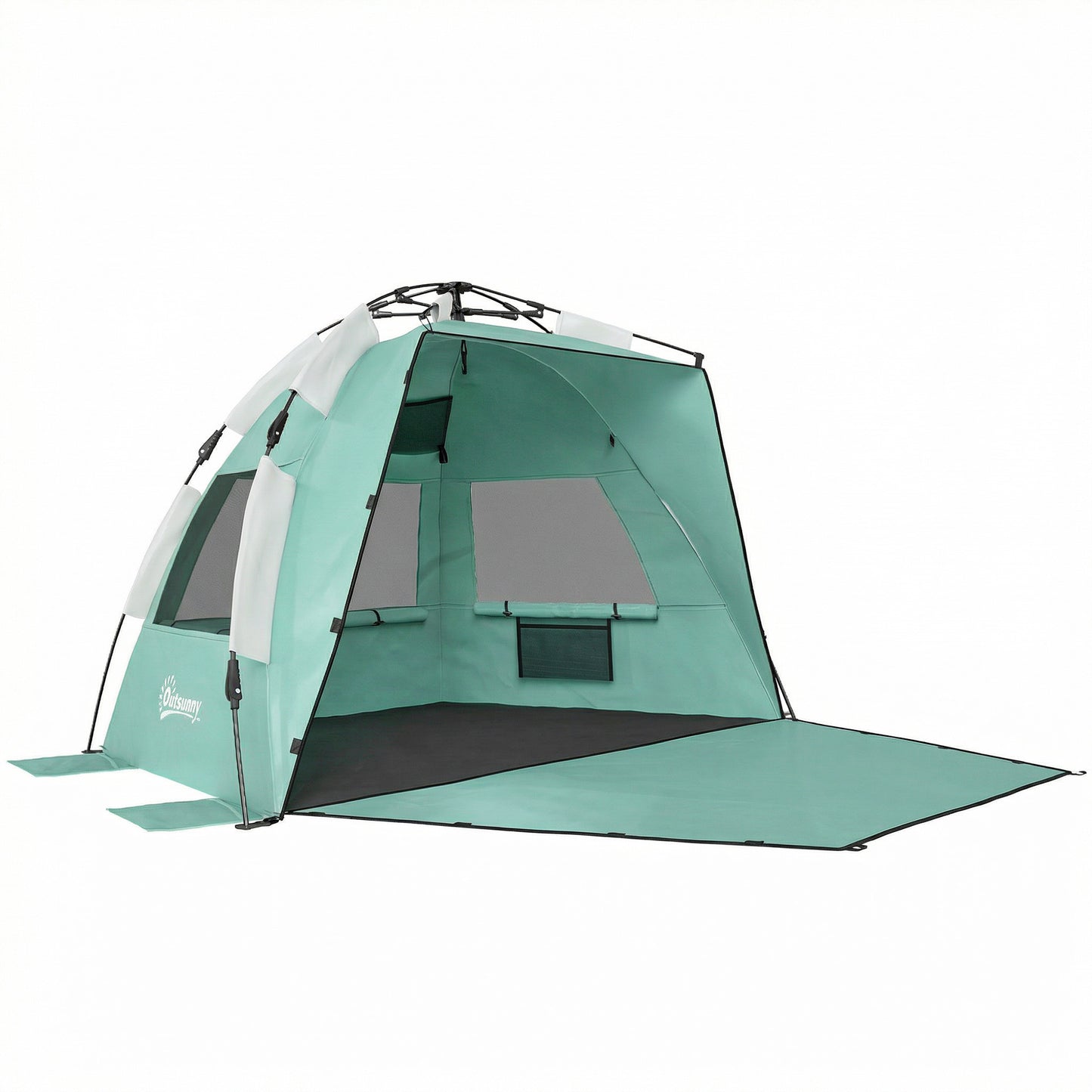 Photo of Outsunny 2-3 Person Pop Up Beach Tent, UPF15+ Sun Shelter with Extended Floor, Sandbags, Mesh Windows and Carry Bag, Green in Green colour on a white background