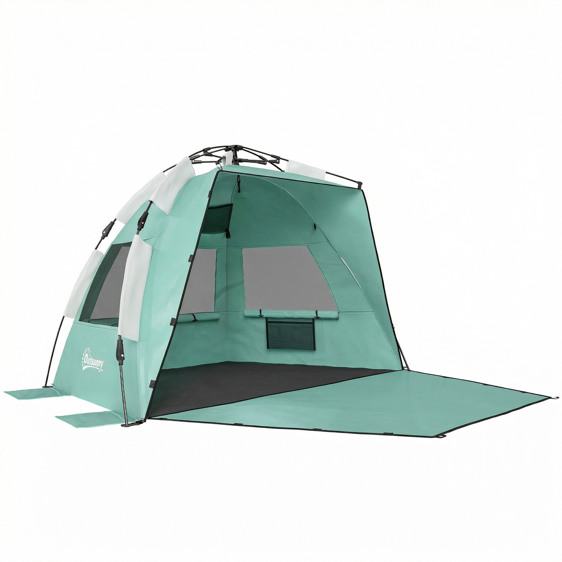 Photo of Outsunny 2-3 Person Pop Up Beach Tent, UPF15+ Sun Shelter with Extended Floor, Sandbags, Mesh Windows and Carry Bag, Green in Green colour on a white background