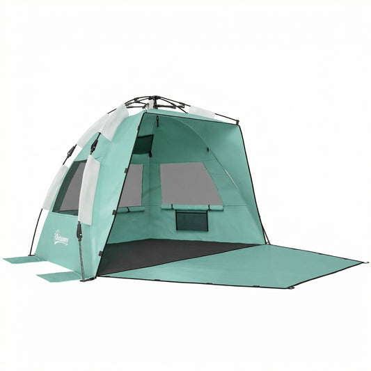 Photo of Outsunny 2-3 Person Pop Up Beach Tent, UPF15+ Sun Shelter with Extended Floor, Sandbags, Mesh Windows and Carry Bag, Green in Green colour on a white background