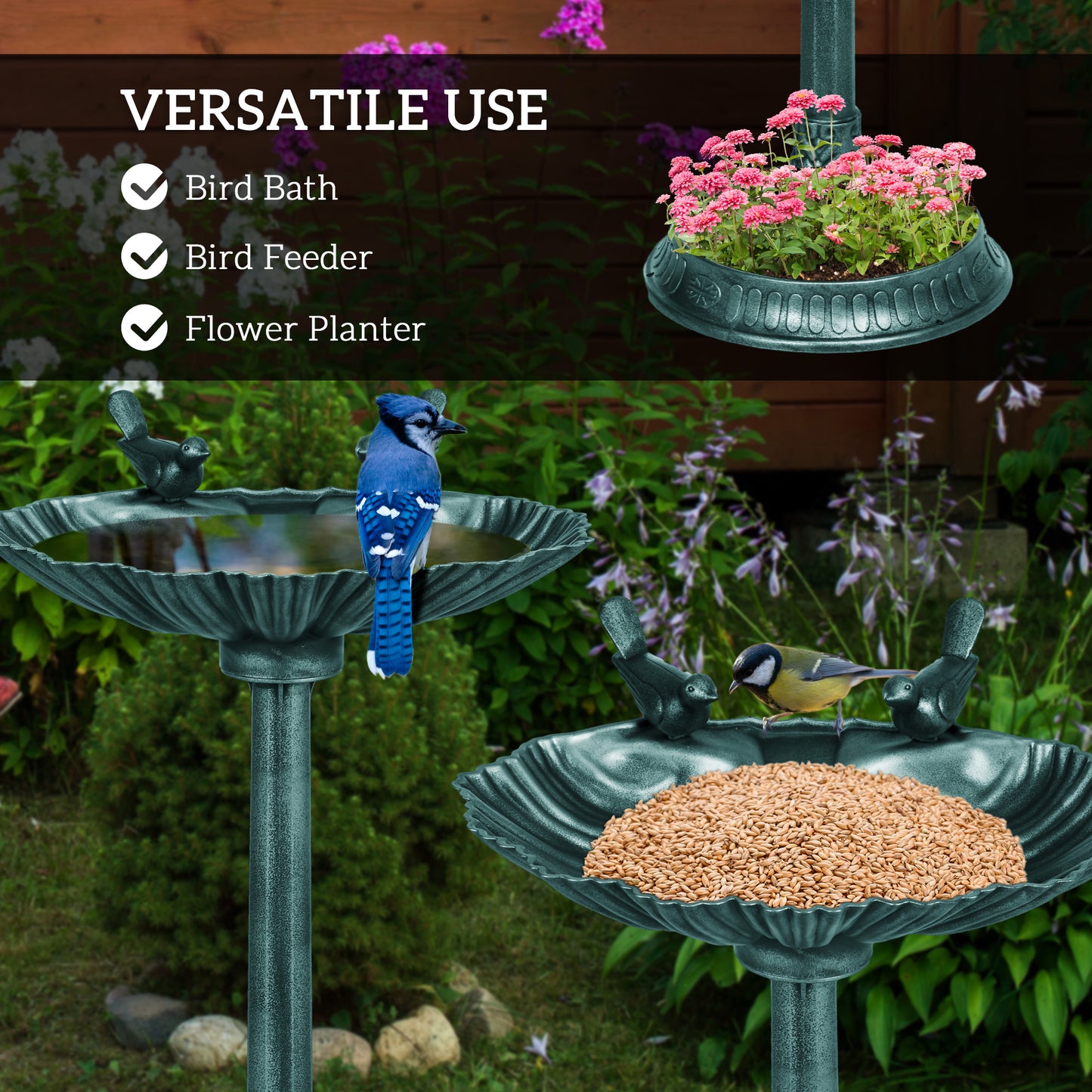 Outsunny 81cm Tall Bird Bath with 2 Decorative Birds, Vintage Style Birdbath with Flower Planter Base, Bird Bath Bowl for Garden, Green