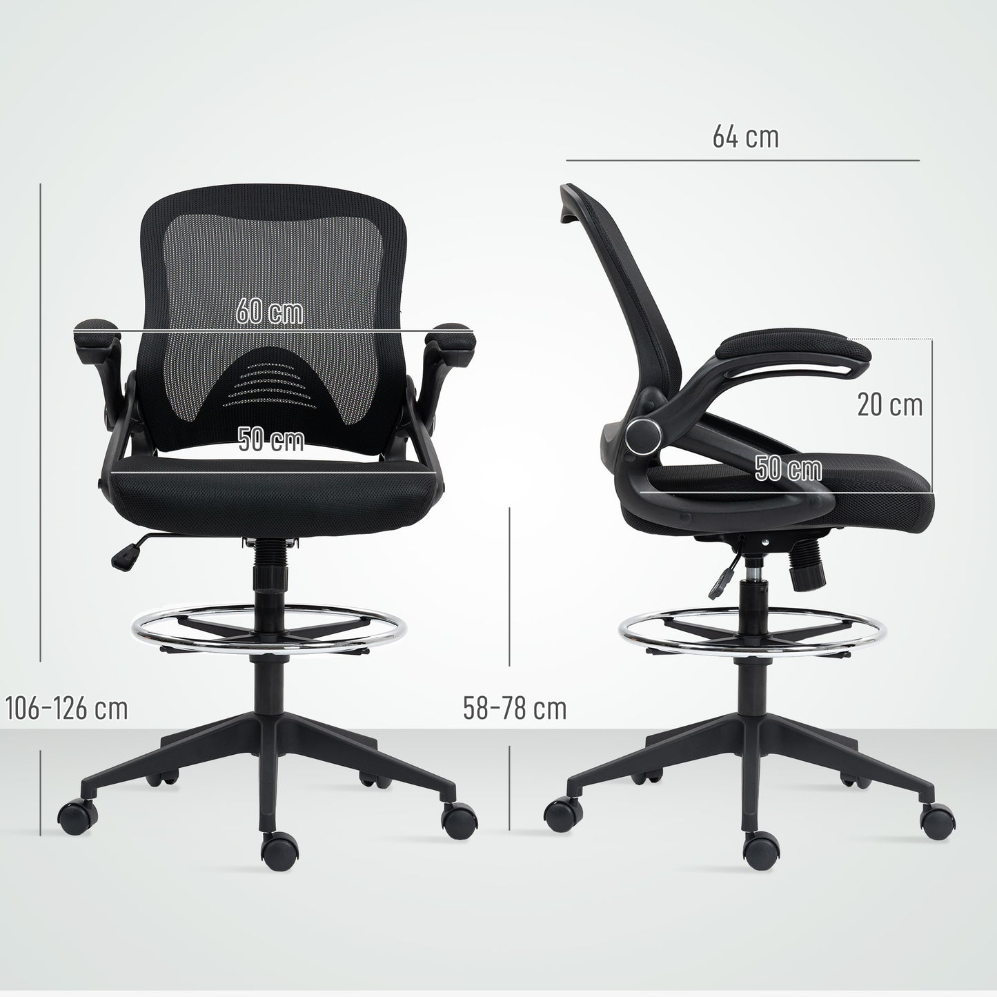 Vinsetto Drafting Chair with Flip-up Armrest, Mesh Office Stool with Foot Ring, 360 Degree Swivel Height Adjustable Chair for Standing Desk, Black