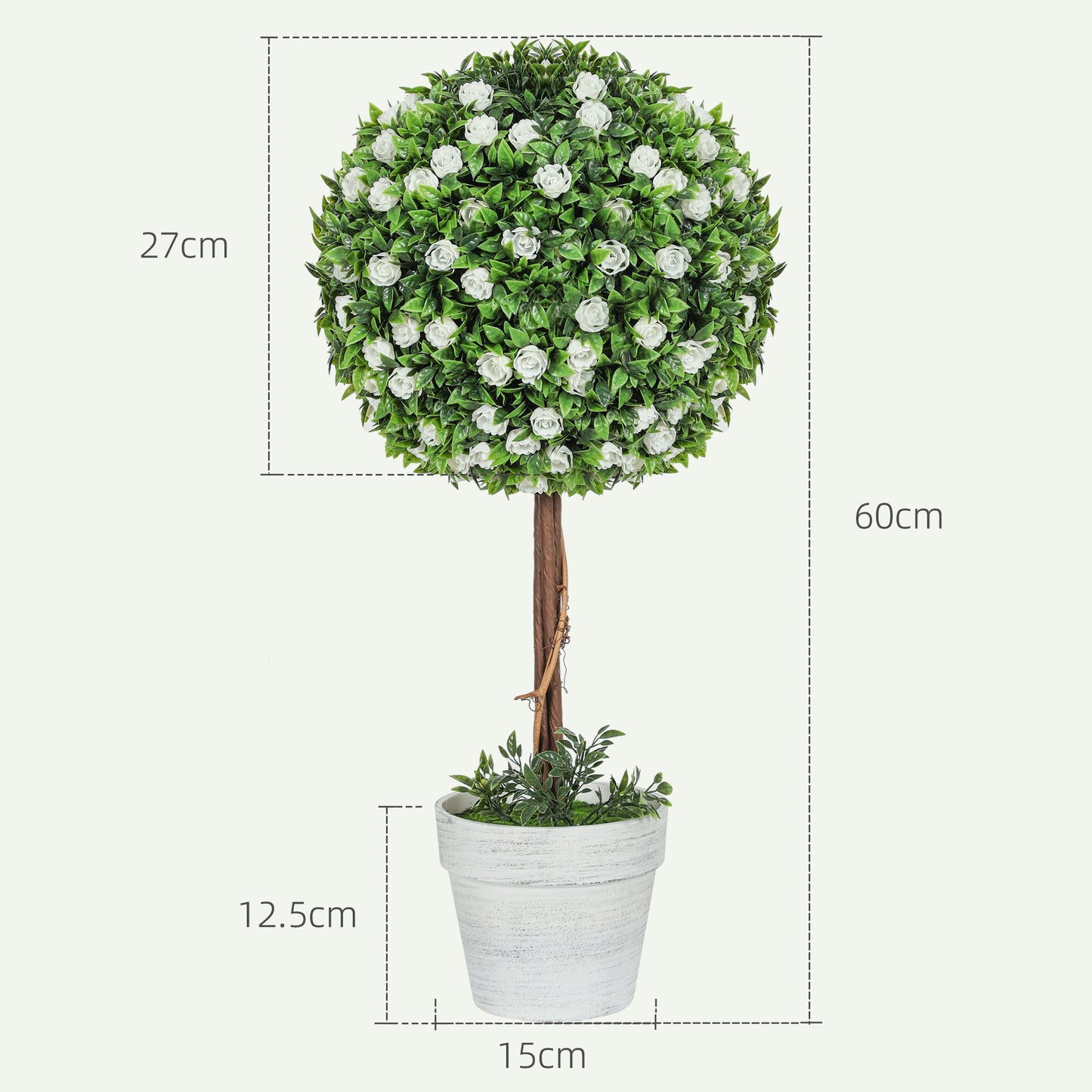 HOMCOM Set of 2 Decorative Artificial Plants, Ball Topiary Tree with Rose Flower in Pot, Fake Plants for Home Indoor Outdoor Decor, 60cm, White