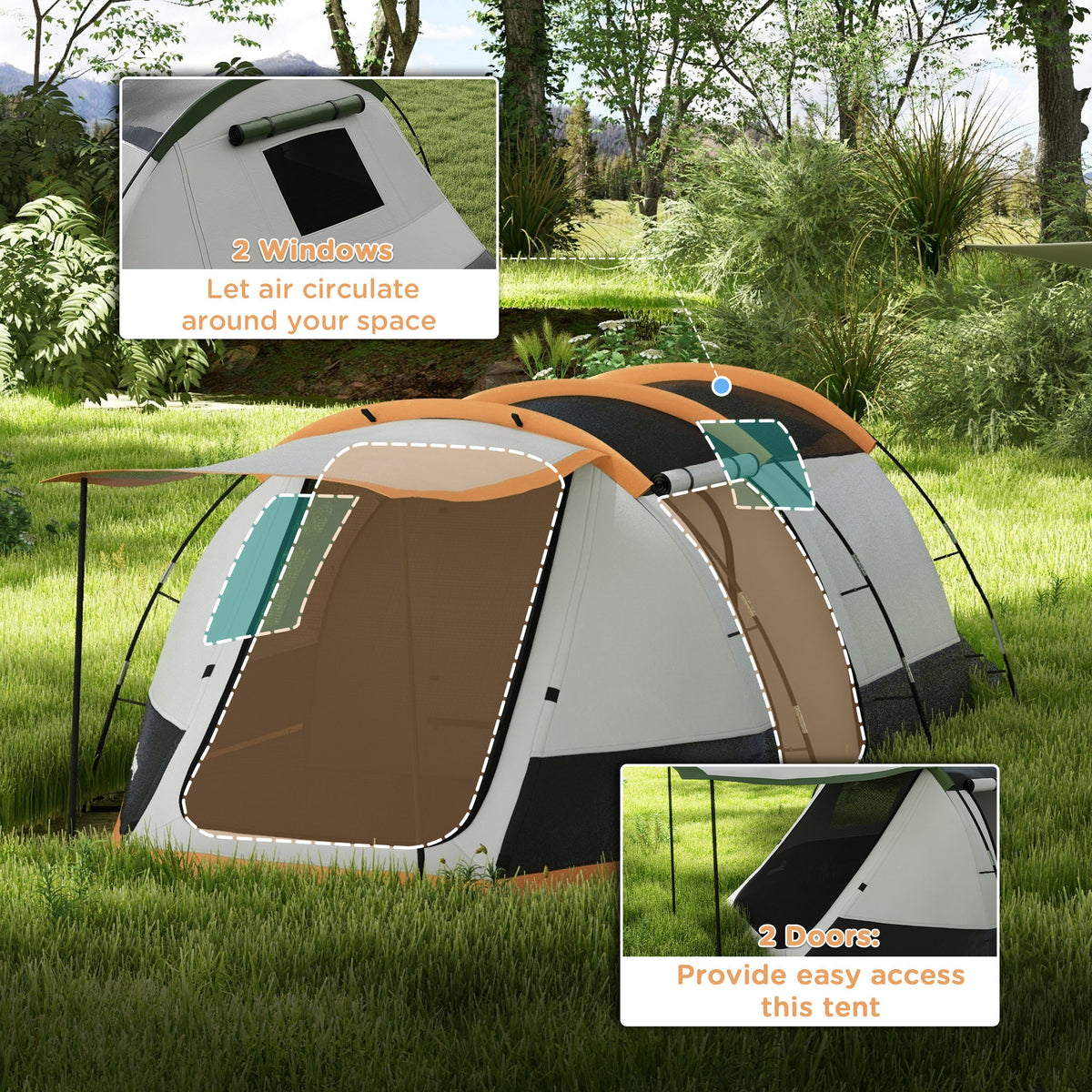 Outsunny 2 Man Camping Tent, with Two Rooms and Porch - Orange