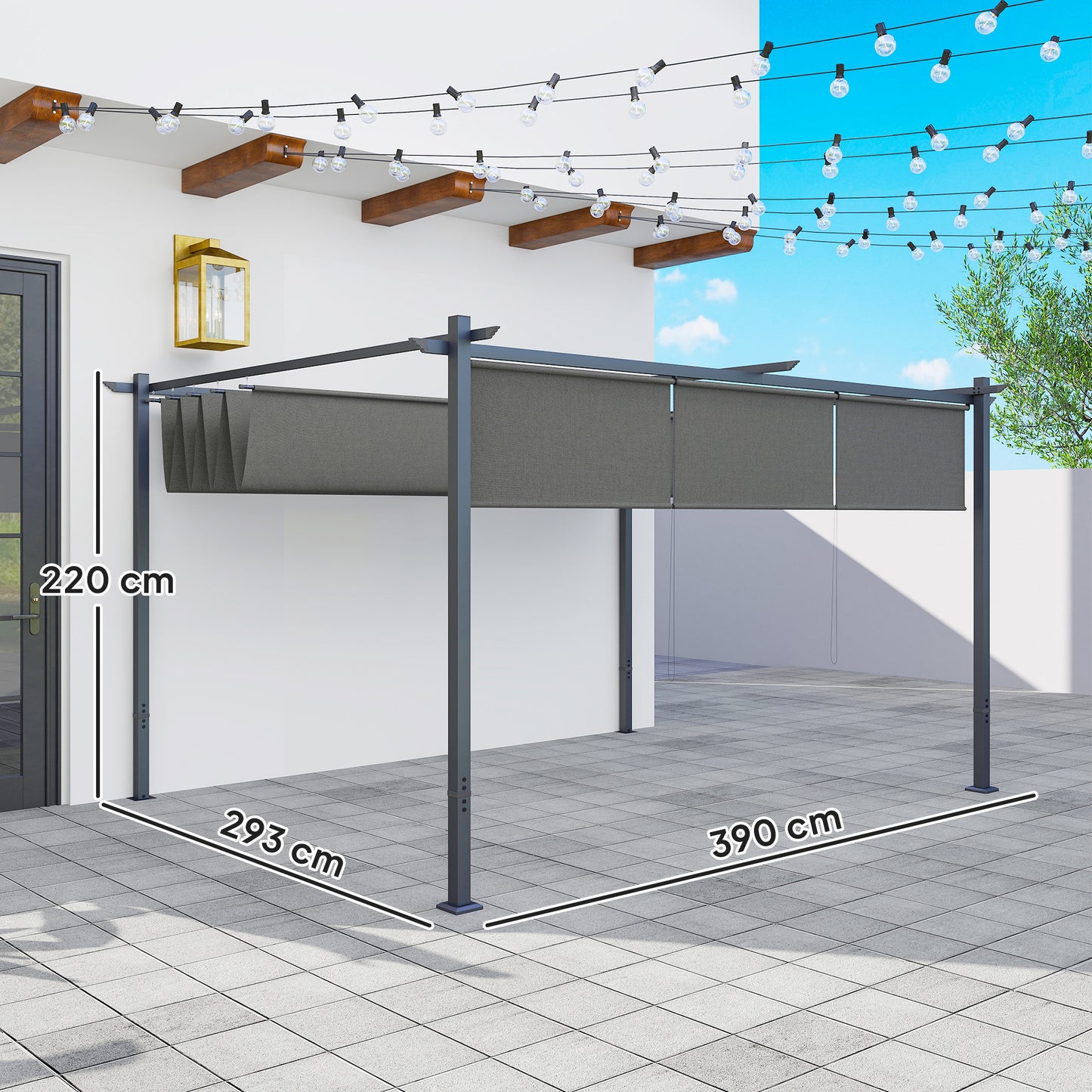 Outsunny 3 x 4m Metal Pergola with Retractable Roof and Roller Shade, Free Standing Garden Gazebo Canopy Pergola Kit, UPF30+ Outdoor Sun Shade Shelter, Grey