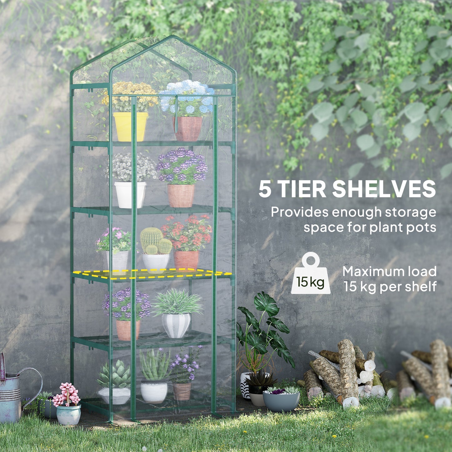 Outsunny 5 Tier Mini Greenhouse, Small Walk-in Greenhouse with Reinforced Plastic Cover, Garden Grow House with Roll Up Door and Shelves, 69 x 49 x 193cm, Green