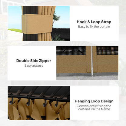 Gazebo curtain details showing hook-and-loop strap, zipper and hanging loops
