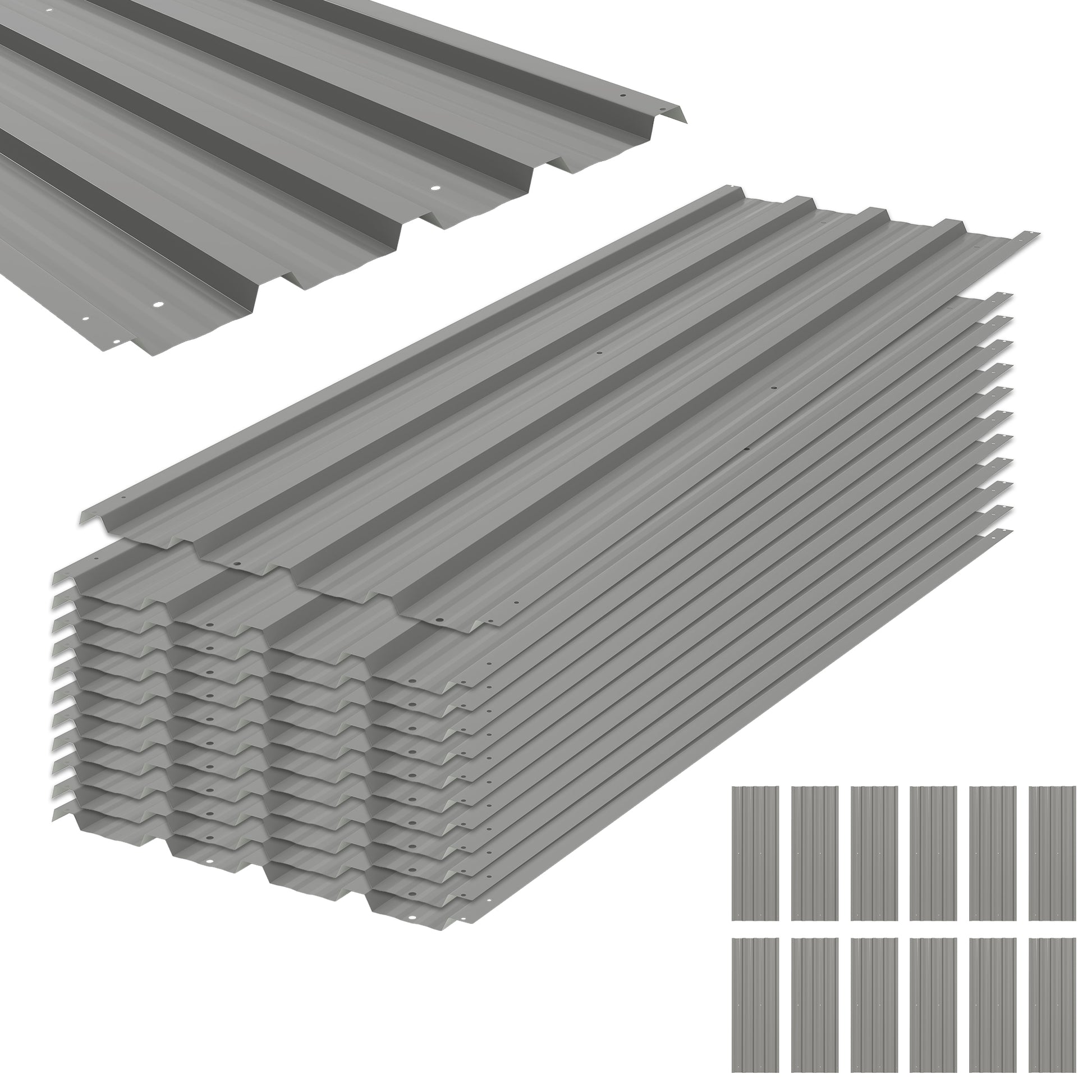 Photo of Outsunny Set of 12 Corrugated Steel Roof Sheet Panels - Light Grey in Grey colour on a white background