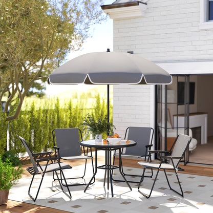 Outsunny patio dining set arranged around a round table beneath a gray parasol