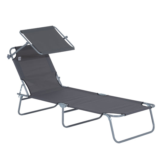 Photo of Outsunny Outdoor Foldable Sun Lounger, 4 Level Adjustable Backrest Reclining Sun Lounger Chair with Angle Adjust Sun Shade Awning for Beach, Garden, Patio, Grey in Grey colour on a white background