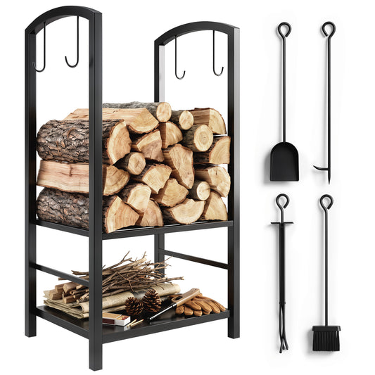 Black two-tier metal firewood rack with four fireplace tools and hanging hooks