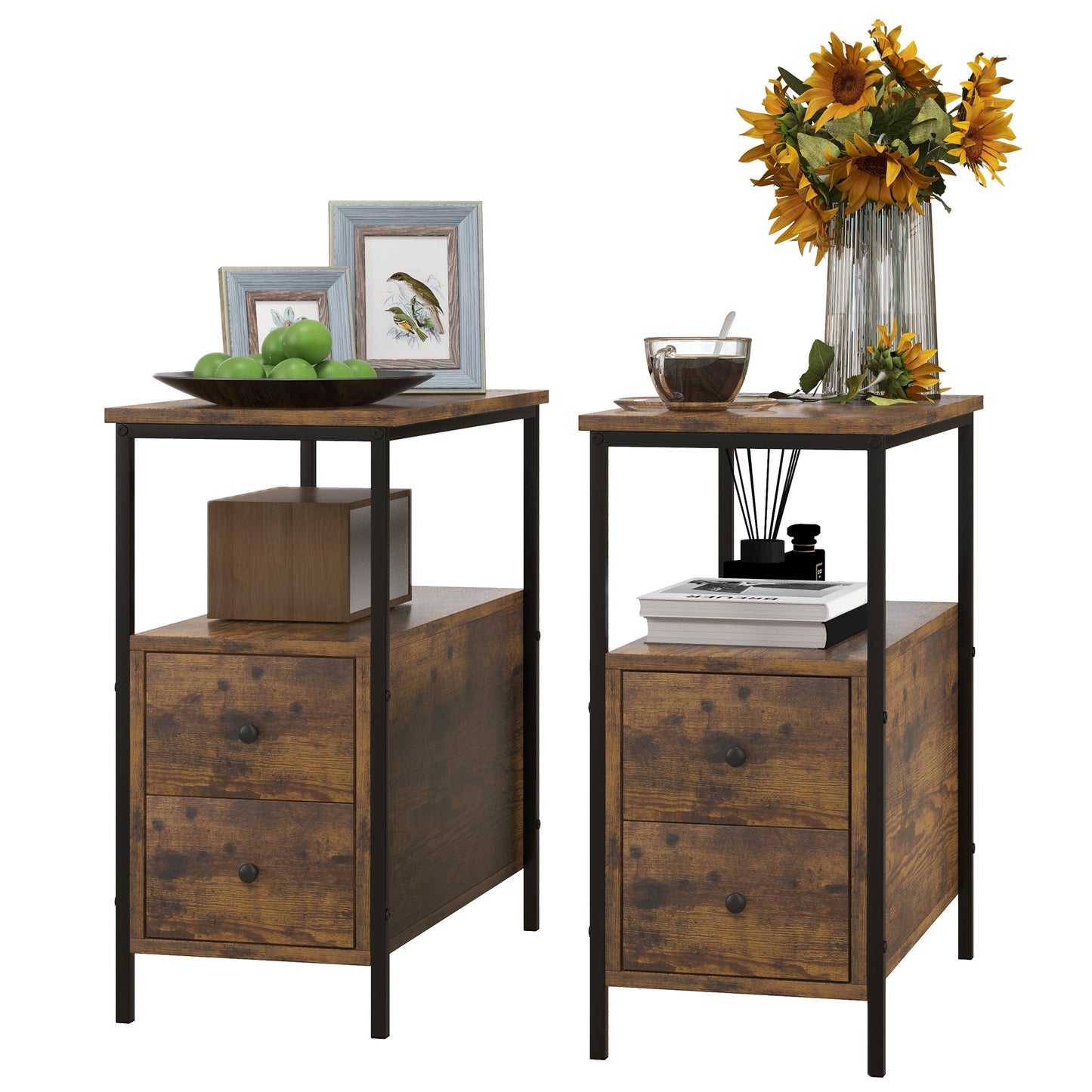 Photo of HOMCOM Set of 2 Side Table, Narrow Bedside Table with 2 Drawers and Storage Shelf, Industrial End Table with Metal Frame for Small Spaces, Rustic Brown in Brown colour on a white background