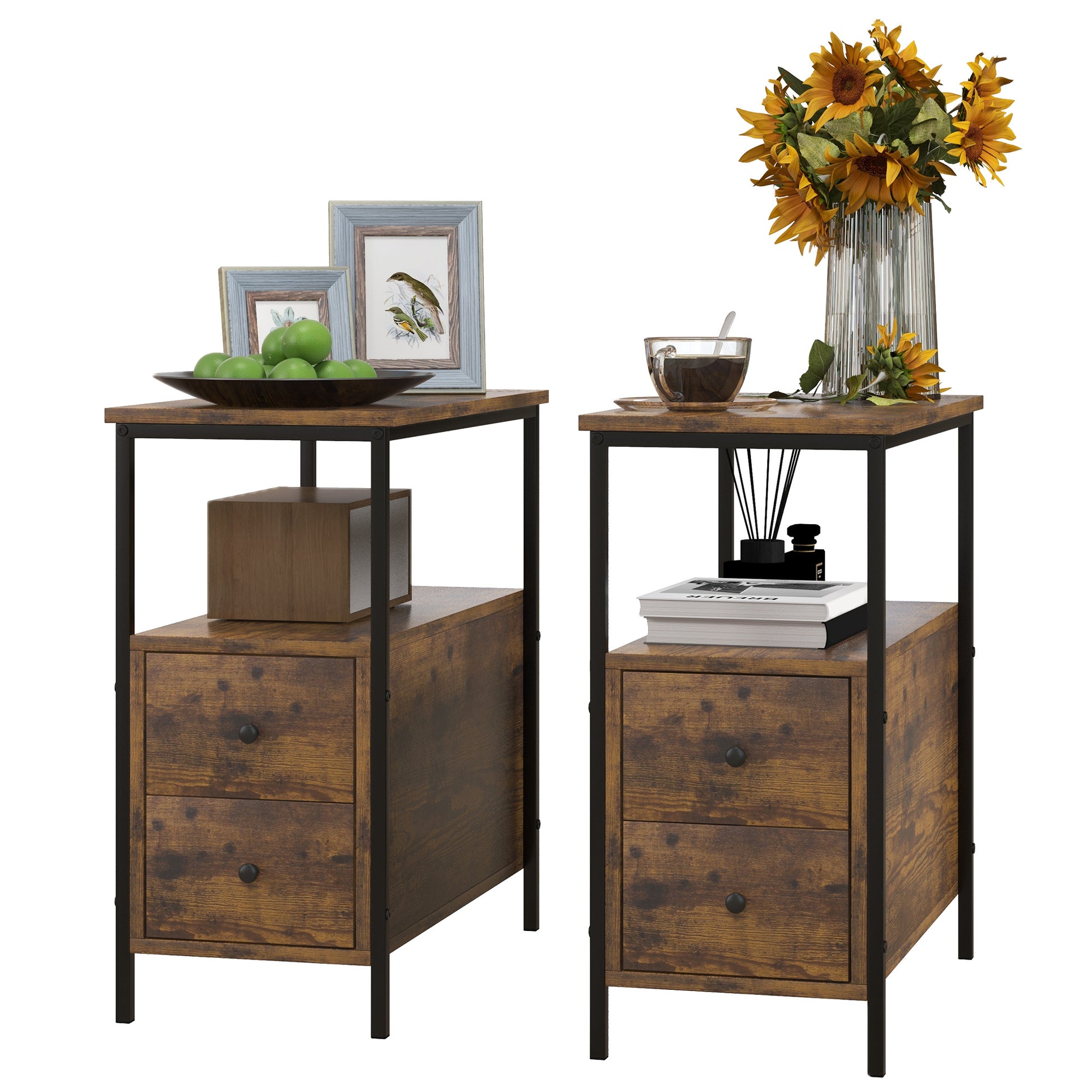 Photo of HOMCOM Set of 2 Side Table, Narrow Bedside Table with 2 Drawers and Storage Shelf, Industrial End Table with Metal Frame for Small Spaces, Rustic Brown in Brown colour on a white background
