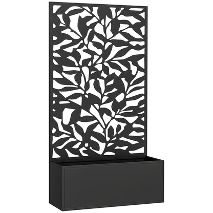 Black metal raised garden planter with a tall decorative leaf-pattern trellis