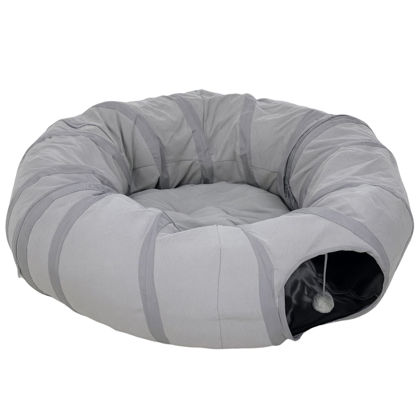 Photo of PawHut 2 in 1 Cat Tunnel with Bed, Cat Play Tunnel with Ball & Peek Hole for Indoor Cats, Grey in Grey colour on a white background