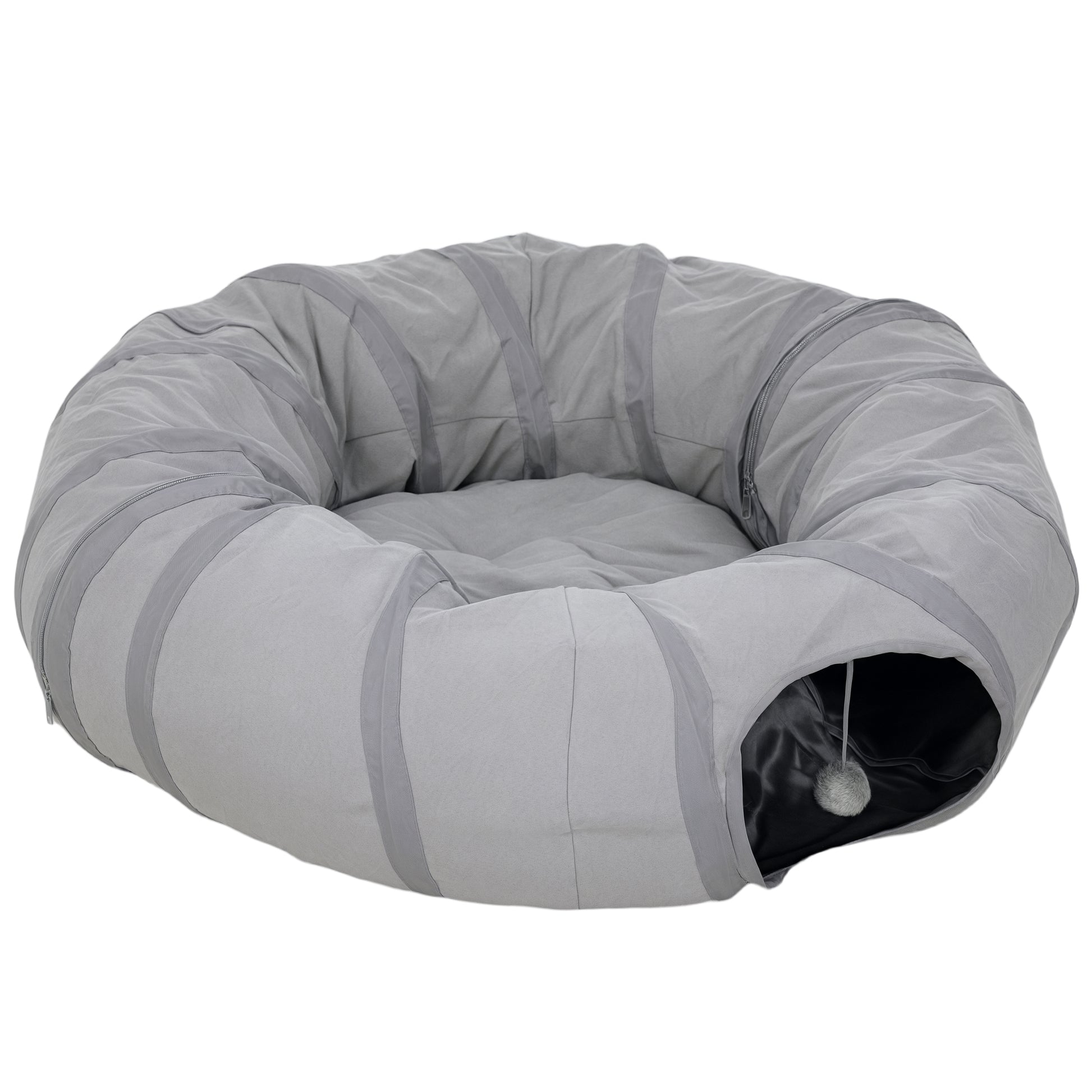 Photo of PawHut 2 in 1 Cat Tunnel with Bed, Cat Play Tunnel with Ball & Peek Hole for Indoor Cats, Grey in Grey colour on a white background