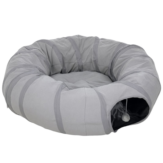 Photo of PawHut 2 in 1 Cat Tunnel with Bed, Cat Play Tunnel with Ball & Peek Hole for Indoor Cats, Grey in Grey colour on a white background