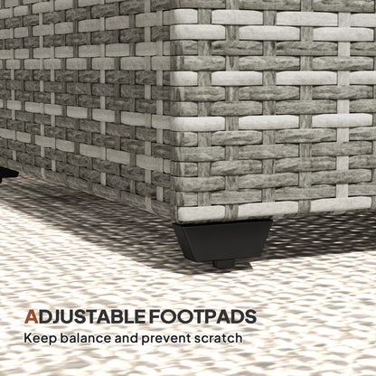 Close-up of the woven rattan table's adjustable footpad