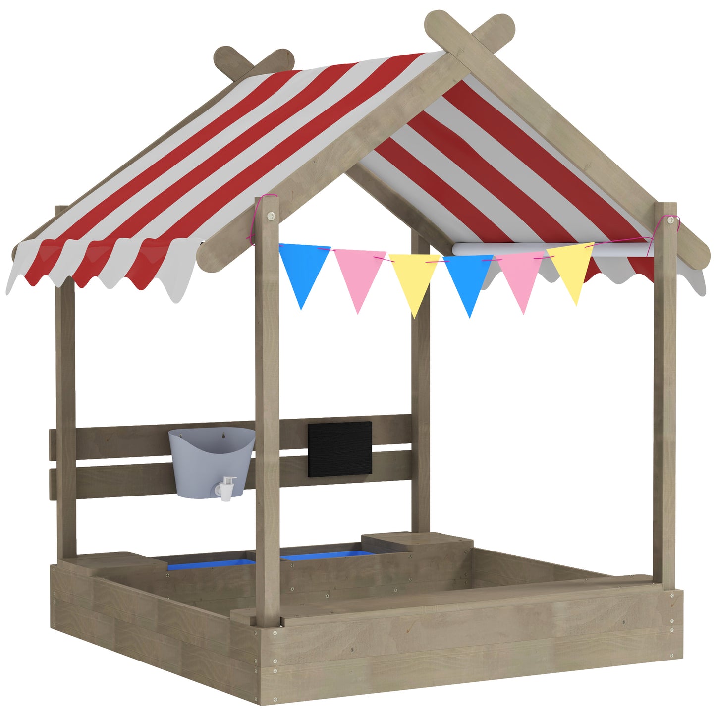 Photo of Outsunny House-Designed Wooden Sandbox, Outdoor Sandpit, with Blackboard, Toys, Sink, Seats, Flags, for Ages 3-7 Years - Grey in Grey colour on a white background