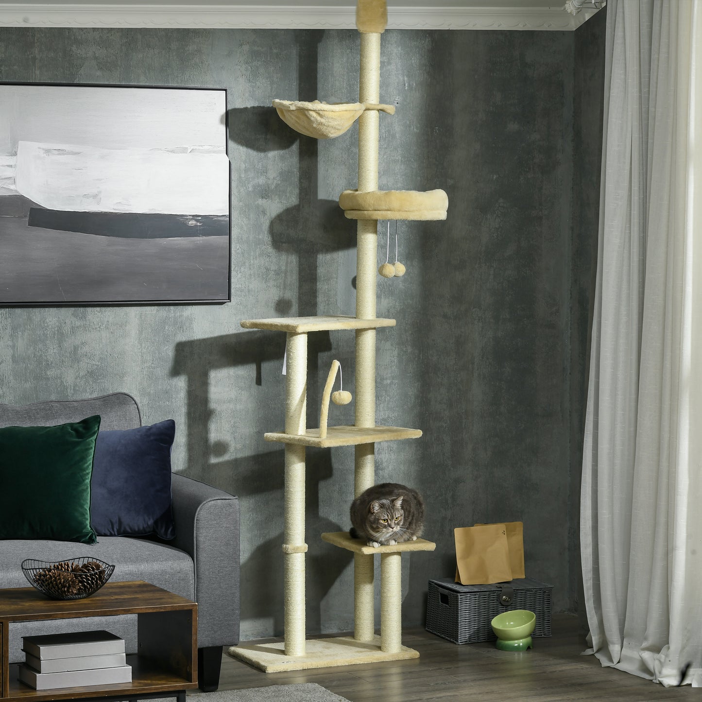 PawHut 230-250cm Floor-to-Ceiling Climbing Cat Tree Tower - Beige