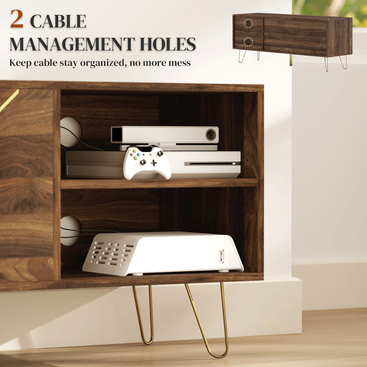 Brown TV stand open shelving with cable holes and metal hairpin legs