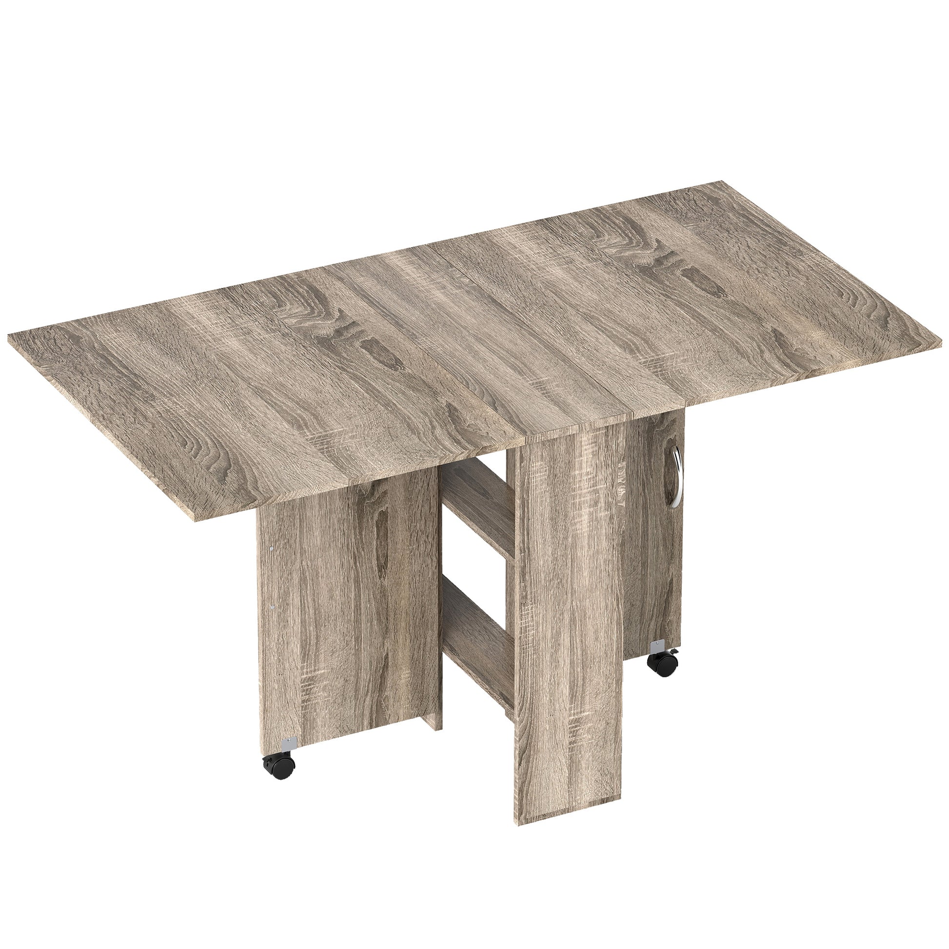 Photo of HOMCOM 80-140 cm Folding Dining Table for 4-6 People, Drop Leaf Table with 2-Tier Shelves, Rolling Casters, for Small Spaces, Kitchen, Flat, Dining Room, Grey in Grey colour on a white background