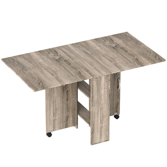 Photo of HOMCOM 80-140 cm Folding Dining Table for 4-6 People, Drop Leaf Table with 2-Tier Shelves, Rolling Casters, for Small Spaces, Kitchen, Flat, Dining Room, Grey in Grey colour on a white background